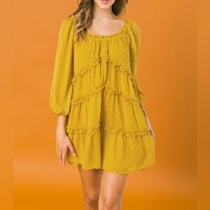 Love Colette for Flying Tomato Mustard ruffled polka dot weave dress, size M